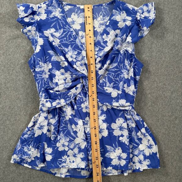 Pleione Blue Floral Flutter Sleeve Blouse Women's Medium V-Neck Drape Twist - Picture 5 of 10